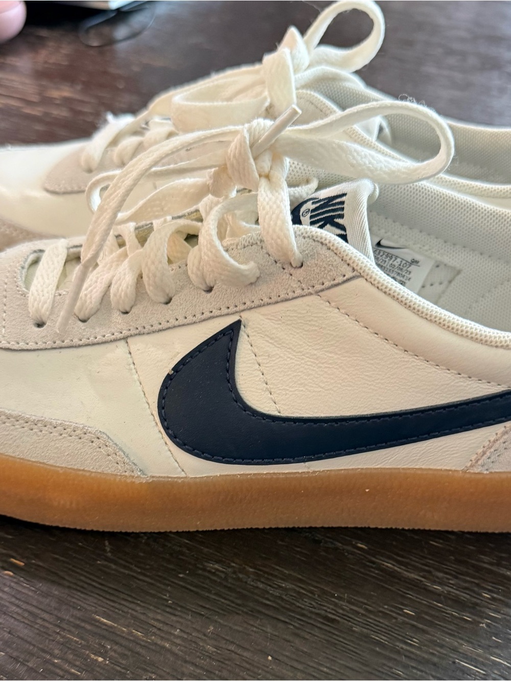 Nike Men's Cream/White Sneakers with Navy Swoosh and Gum Sole- new without box